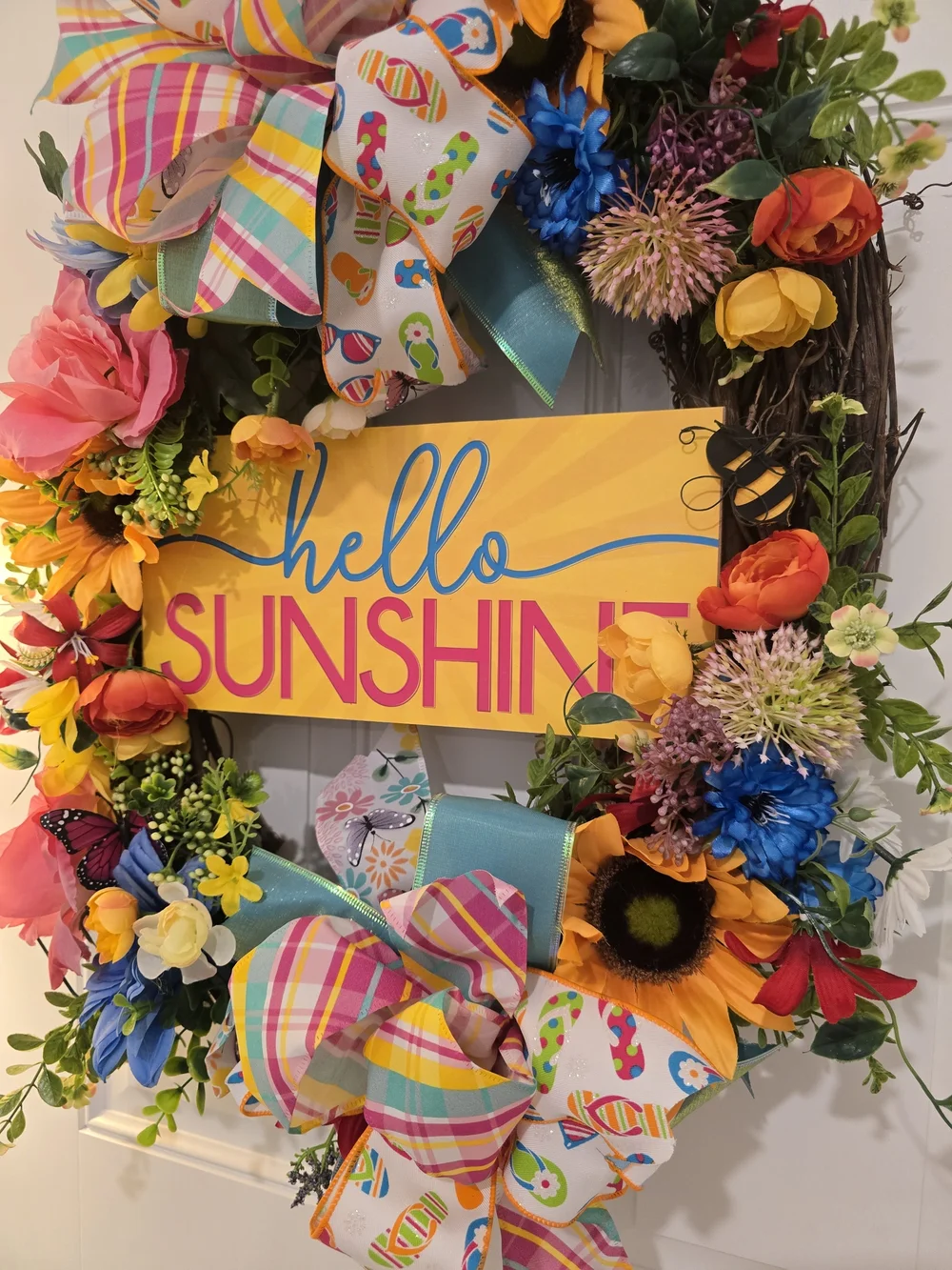 Hello Sunshine Floral Spring Wreath with Rainbow Bows